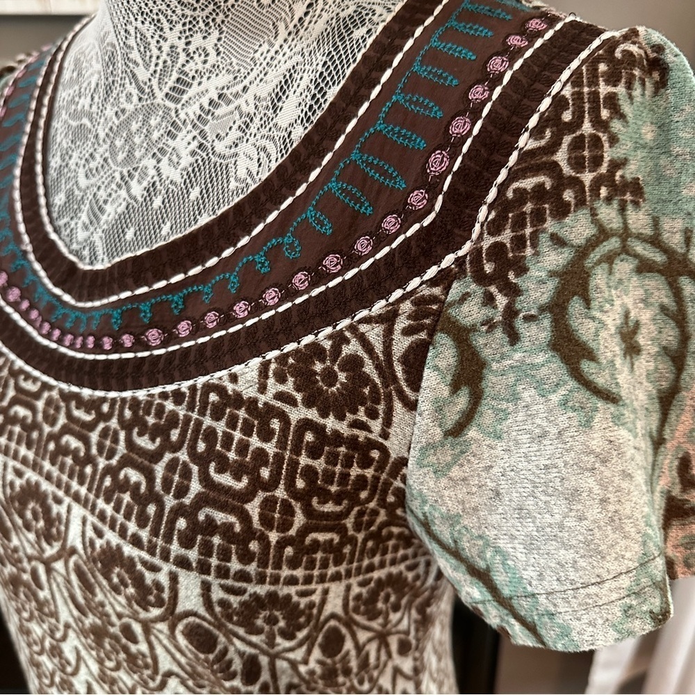 Papillon Boho Paisley Knit Brown Teal Floral Sweater Dress Eclectic Grandpa M - Picture 4 of 16